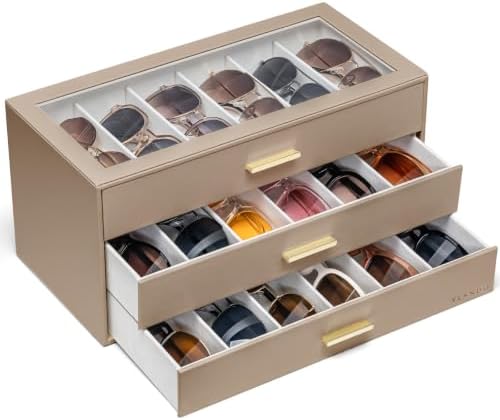 VLANDO 18-Slot Sunglasses Organizer Case with Clear Lid & 3 Drawers,Toffee by VLANDO