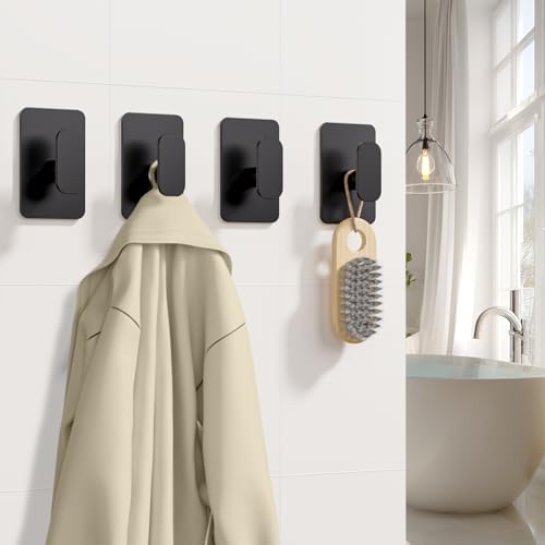 Large Heavy Duty Wall Hooks - 26lb Max, Stainless Steel Adhesive Towel Hooks for Hanging Towel, Coat, Robe, Hat, Sticky Towel Holder for Wall Mount in Bathroom, Shower, Kitchen (Black, 4 Pack) - Image 3