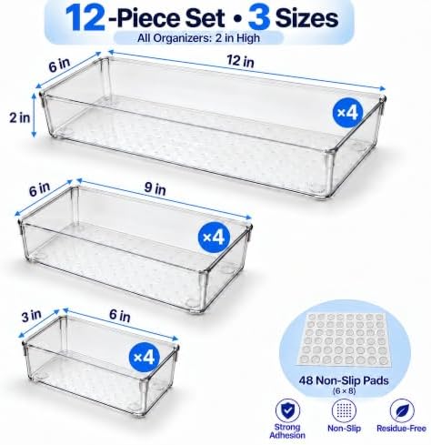 12 Pack Large Clear Drawer Organizer Trays, 3 Sizes, Non-Slip - Image 2