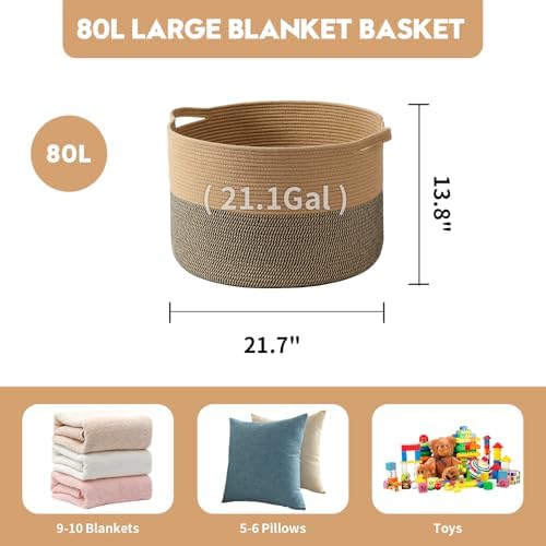 Foldable Laundry Hamper Basket with Collapsible Handle Cotton Rope Soft Woven Fabric Storage Organizer Clothes Toys Nursery Bedroom Dorm Space Saving Bin (Camel & Mix Camel, 80L(21.7"D x 13.8"H)) - Image 5