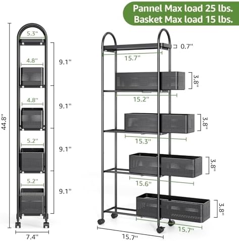 KINGRACK 5 Tier Slim Rolling Cart with Drawer, Metal Utility Storage Cart - Image 2