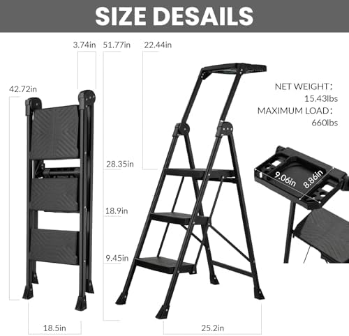 XinSunho 3 Step Stool, Heavy Duty Steel with Foldable Handrail & Tool Tray - Image 7