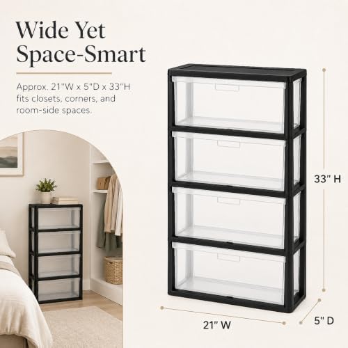 4 Drawer Storage Organizer, 4-Tier Wide Clear Plastic Drawer Storage(Black) - Image 2