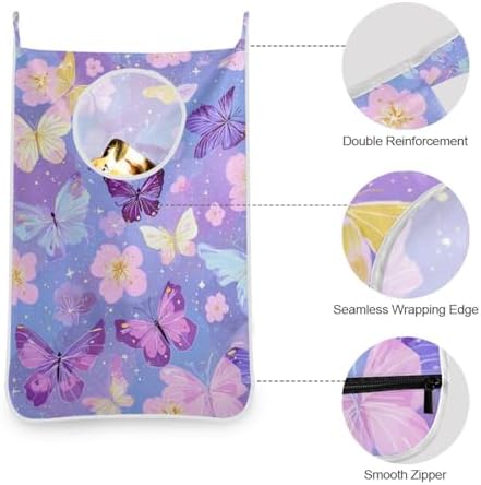 Door Hanging Laundry Hamper Bag with Free Adjustable Stainless Steel Hooks Dirty Clothes Hamper Extra Large Over the Door Laundry Hamper Purple Butterfly 29.5X20inch 1 PCS - Image 4