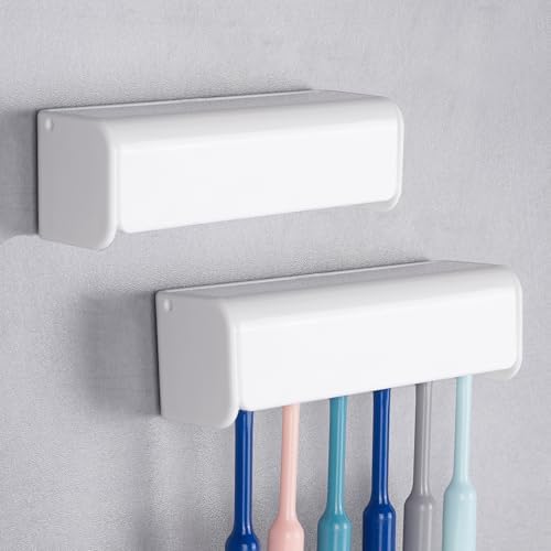 2 Pack 6 Slots Wall Mount Toothbrush Holder with Cover, Self Adhesive Toothbrush Storage Organizer for Shower, Toothbrush Hanger for Bathroom, Medicine Cabinet, Dorm by LUEXBOX