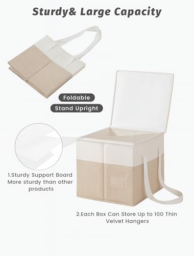 2-Pack Rigid Clothes Hanger Organizer Bag with Dust-Proof Lid, Hanger Storage Holder with Support Boards, Large Capacity Clothes Storage Containers with Handle for Laundry-Beige/Linen - Image 2