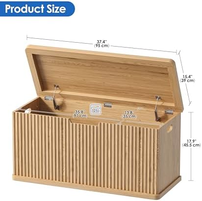 Akxomel 37.4" Fluted Storage Chest Wooden Storage Trunk 2 Safety Hinges Oak - Image 2
