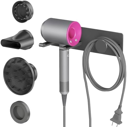 XIGOO Hair Dryer Holder Wall Mounted with 4-Adsorption, Self Adhesive Blow Dryer Holder for Power Plug, Diffuser and Nozzles Accessories Organizer, Matte Black by XIGOO