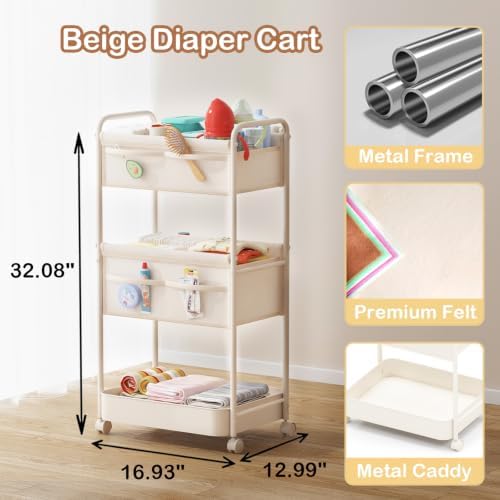 Baby Diaper Caddy, Premium Metal& Felt Movable Cart with Dividers for Newborn Nursery Essentials, Large Capacity Rolling Diaper Storage Caddy Organizer for Changing Table &Crib, Easy Assembly - Image 2