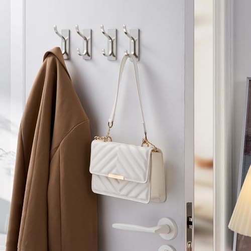 Adhesive Wall Hooks for Towel/Coat,13Lb Stick-On Hook,Brushed Silver 4 Pack - Image 2
