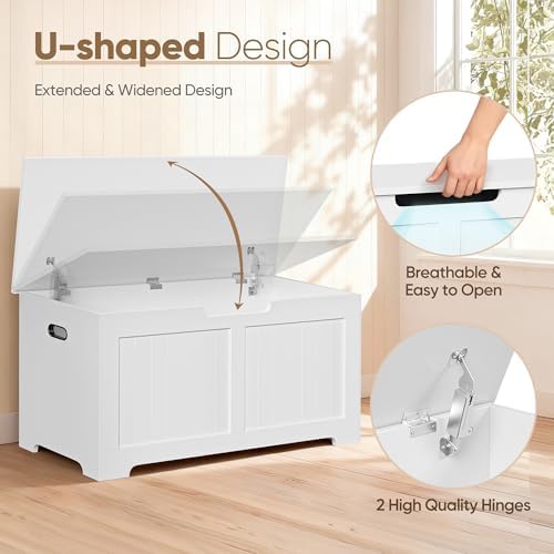 SUPER DEAL Storage Chest, 39 inches Chest Box Organizer with 2 Safety Hinges, Wooden Entryway Shoe Organizer Storage Bench, White - Image 4
