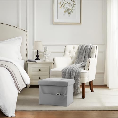 Bsketa Storage Ottoman Bench,17 Inch Folding Leather Foot Rest Stool, Grey - Image 7