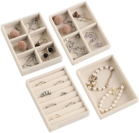 Frebeauty Small Jewelry Organizer for Drawer,Set of 4 Velvet Jewelry Trays by Frebeauty
