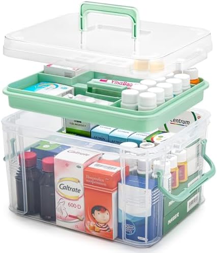 15QT Clear Medicine Organizer Storage Box with Handle & Tray - Thickened Plastic Empty First Aid Box, Multipurpose Medical Container with Lids/Labels, Medication Caddy for Home, Baby, Elderly, Dorm by guaiboshi