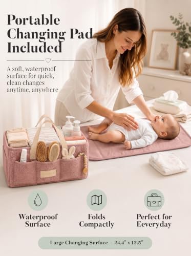 Baby Diaper Caddy Organizer with Waterproof Changing Pad, Pink - Image 4