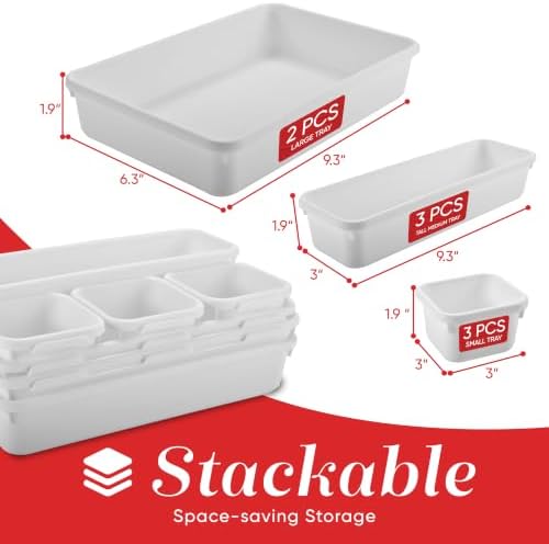 Masirs Interlocking Drawer Organizer Bins - Durable Plastic, Various Sizes for Custom Layout Design. Great for Desk Drawer, Tool Box or Garage Organization. (White | 8-Piece Set) - Image 2