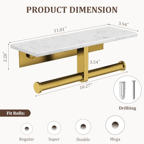 BWE Toilet Paper Holder with Marble Shelf, Toilet Paper Roll Holder Wall Mounted, Toilet Paper Roll Holder with Phone Shelf 304 Stainless Steel Tissue Holder for Bathroom Washroom (Double Gold) - Image 5
