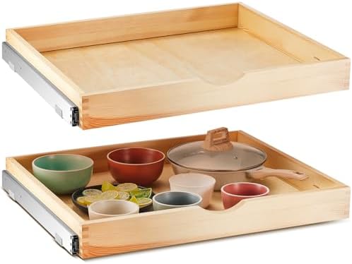 Menkxi 2 Set Wooden Pull out Cabinet Organizer Fully Assembled Slide out Pantry Drawer with Gentle Close Storage Shelf Tray for Base Kitchen Under Sink Bathroom Accessory(Wood Color,27'' X 21'' X 3") by Menkxi