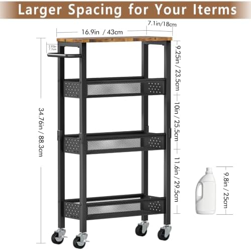 Slim Storage Cart with Wheels, 4 Tier Metal Rolling Organizer with Wood Top and Handle, Narrow Utility Shelf for Kitchen Bathroom Laundry Room, Black - Image 3