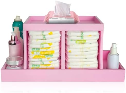 Diaper Caddy Organizer, Changing Table Organizer, Wooden Diaper Organizer for Nursery, Baby Diaper Storage Organizer with Removable Dividers (Pink, Rectangular Size) by EnjoyYourLife