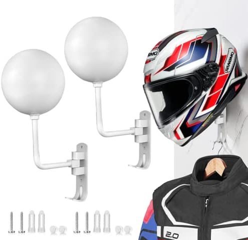 SNAGMO White 180° Motorcycle Helmet Rack, Rotation Metal Helmet Holder Wall Mount, Helmet Holder Bike with 2 Hooks Helmet Hanger for Motorcycle Bike Coats, Caps, Baseballs, Rugby Helmet (2 pcs) by SANGMO