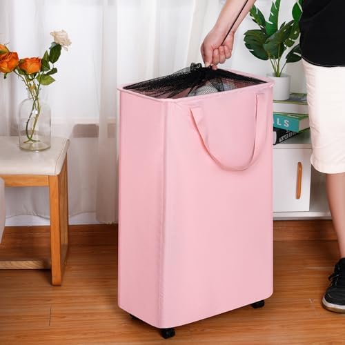 Slim Laundry Hamper with Wheels, Rolling Laundry Basket for Clothes, Small Laundry Basket for Bedroom, Dorm and Laundry Room, 75L (19.8 Gallons) Beige - Image 5