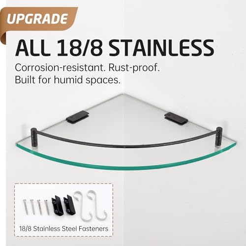 KES Bathroom Glass Corner Shelf Tempered Glass Shelf with Rail Wall Mount Corner Shelf SUS 304 Stainless Steel Matte Black 2 Pack, BGS2101A-BK-P2 - Image 4