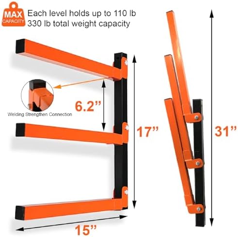 Thanaddo 3-Level Metal Storage Rack, Heavy Duty Wall Mount, 330 lb Capacity, for Lumber, Wood, Pipes, Garage, Workspace (2 Pack) - Image 2