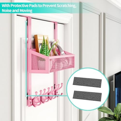 HapiRm Over The Door Hooks - Easy Installation Pink Door Hanger with Basket and 16 Hooks, 304 Stainless Steel Storage Organizer for Towels, Coats, Bathroom, Kitchen, Dorm-Pink - Image 5