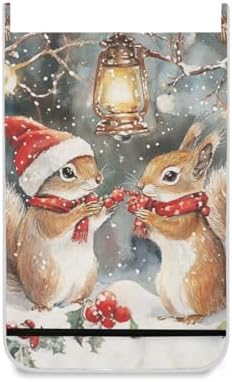 Christmas Squirrels Watercolor White Door Hanging Laundry Hamper Bag with Free Adjustable Stainless Steel Hooks Dirty Clothes Hamper Extra Large Over the Door Laundry Hamper 29.5X20inch 1 PCS - Image 2