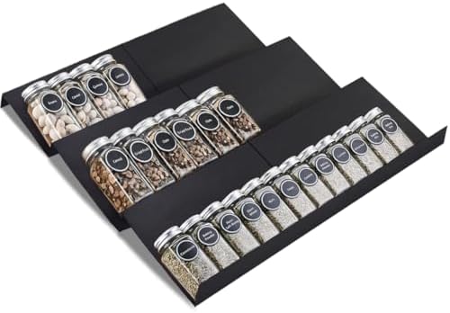 Expandable Spice Drawer Rack Organizer Insert for Kitchen Cabinet - Multi Tier Adjustable Spice Storage Shelf for Seasoning and Jar, Pack of 6 by Khordin