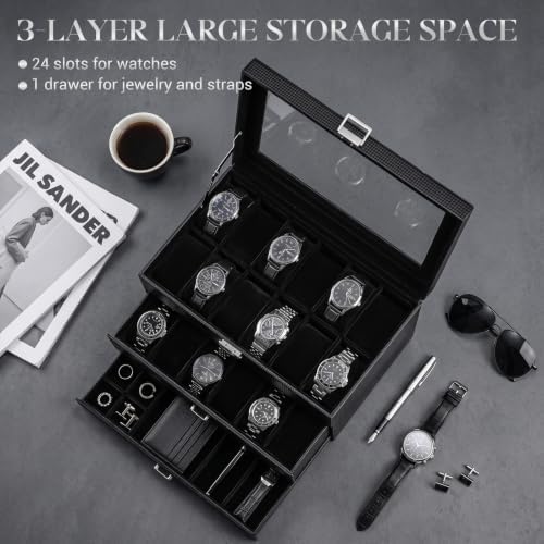 ProCase 3-Layer Watch Box with Glass Lid for Men, 24-Slot, Allblack - Image 2