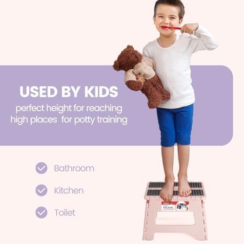ACSTEP 9 Inch Folding Step Stool 300 LB Capacity Non Slip Foot Stool with Handle Plastic Foldable Step Stools for Kids Stepping Stool for Bathroom Black Small Step Stool (1 PC Pink) - Image 6
