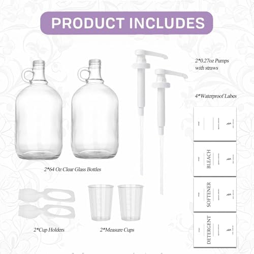 2 Pcs Glass Liquid Laundry Detergent Dispenser with Cup Holders, Half Gallon Dispenser for Laundry Room (64 oz. Each), Laundry Detergent Bottles with Pump Dispenser -Includes Labels, Measuring Cups - Image 3
