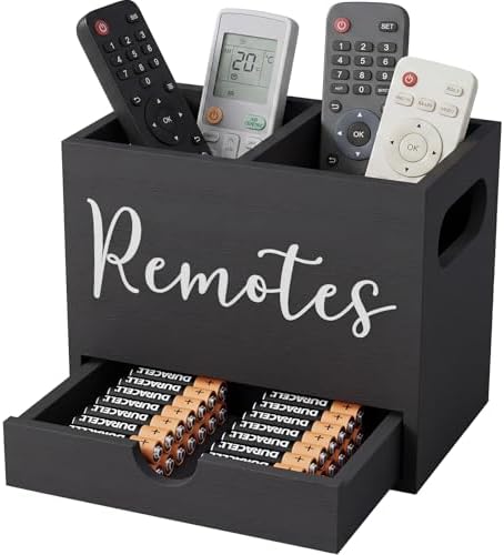 Remote Control Holder, TV Remote Holder with Drawer, Wood Remote Control Organizer for Table, Media Storage Box for Nightstand, Living Room (Black,2 Slots) by First-zgel