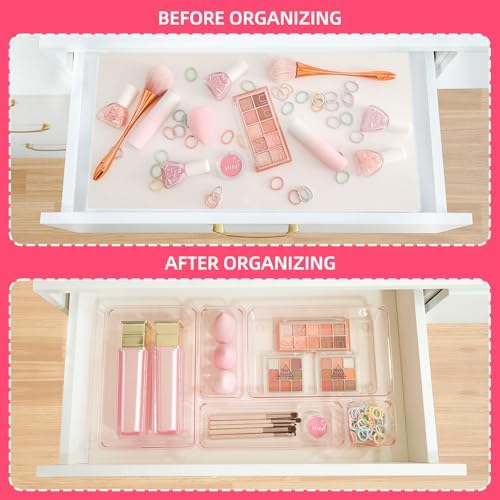 Kitchen Desk Drawer Organizers Storage for Office, Small Acrylic Vanity Trays Makeup Organizer for Drawer Bathroom Plastic Make up Organizers 25 Pcs Pink - Image 2