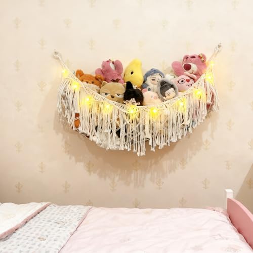 Stuffed Animal Hammock or Net With LED Lights Extra Large Wall Hanging Stuffed Animal Storage Nets for Teddy Bear Handmade Macrame Hanging Toy Net Hammock for Stuffed Animal Storage (Beige) - Image 6