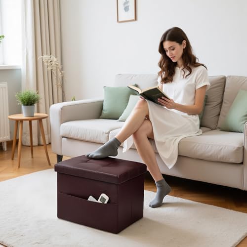 Bsketa Storage Ottoman Bench, 16" Folding Leather Foot Rest, Brown 2 Pack - Image 2