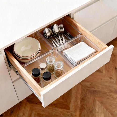 6 Pcs Large Clear Plastic Drawer Organizers Tray 6" x 6" Storage Bins with 25 Pcs Non-Slip Pads for Makeup, Jewelries, Kitchen Utensils, Bathroom and Office - Image 6