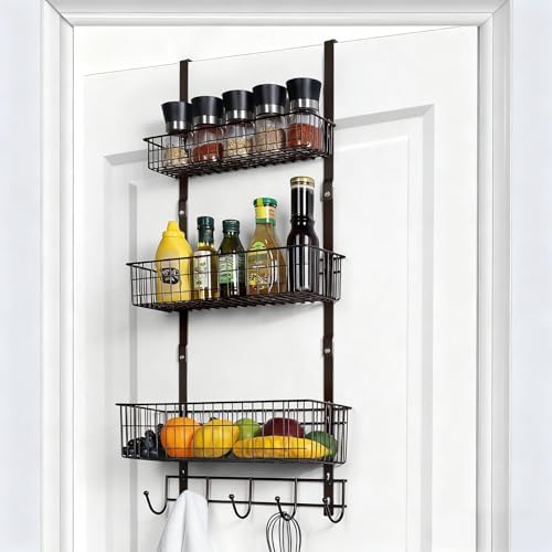 ETELI Over the Door Basket Organizer 3 Tier Hanging Basket Door Shelf Rack Heavy Duty Over Door Pantry Organizer with 3 Metal Baskets for Kitchen Bathroom Bedroom Living Room, Dark Brown - Image 2