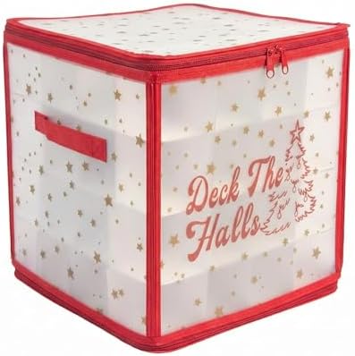Plastic Christmas Ornament Storage Box with Zippered Closure - Store up to 64 of the 3-inch Standard Christmas Ornaments, Xmas Ornaments Storage with Dividers & Two Handles by Poxel