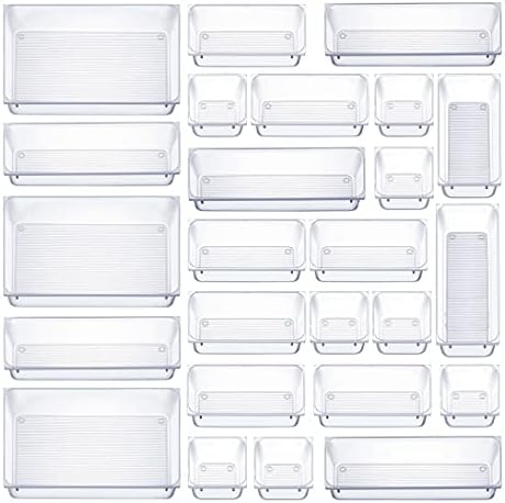 Seseno 25 PCS Clear Plastic Drawer Organizers Set, 4-Size Versatile Bathroom and Vanity Drawer Organizer Trays, Storage Bins for Makeup, Bedroom, Kitchen Gadgets Utensils and Office Accessories by Seseno