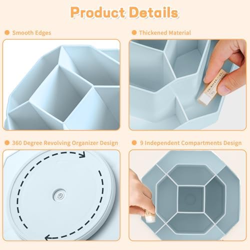 Cayxenful Pencil Pen Holder for Desk,9 Slots 360 Degree Rotating Desk Organizers,Desktop Storage Stationery Supplies Organizer, Cute Pencil Cup Pot For Office, School, Home(Blue) - Image 4
