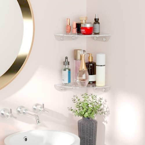 Sezanrpt 7x7 Inch Corner Shelf Wall Mount Set of 2, Acrylic Corner Floating Shelves, Clear Corner Wall Organizer Shelf for Bathroom, Kitchen, Bedroom, Living Room, Dining Room, Office - Image 2