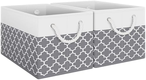 Fab totes Storage Bins 2-Pack, Foldable Storage Baskets for Organizing Toys, Books, Shelves, Closet, Large Storage Box with Rope Handles, Sturdy Organizer Bins,Clover Grey by Fabtotes