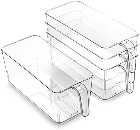 BINO l Plastic Storage Bins l THE HOLDER COLLECTION l 4-Pack, Medium Multi-Use Clear Containers for Organizing with Built-in Handles l Pantry Organization & Storage l Kitchen Organizer l Storage Bins by BINO