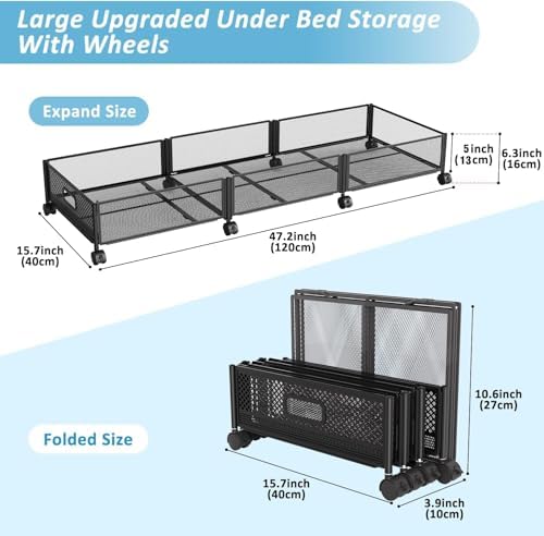 Under Bed Storage with Wheels 47.2"(L)/57.6L Large Rolling Under Bed Storage, Metal Underbed Containers on Wheels, Tool-Free Assembly Foldable Metal Underbed Drawers for Shoes Clothes Toys - Image 2