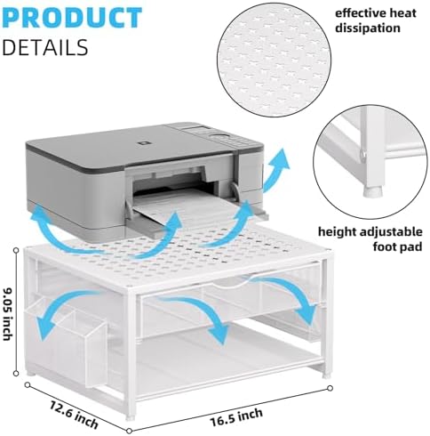 Marbrasse Metal Printer Stand for Desk with Storage Drawer and 2 Pen Holders, 2-Tier Desktop Organizer Printer Table for Home Office, Multi-Purpose Desk Organizer for Fax Machine Scanner Files(White) - Image 5