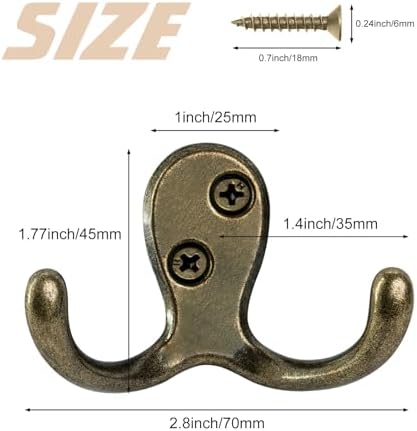 Homanu 10 Pack Antique Brass Double Prong Coat Hooks with 20 Screws - Image 5