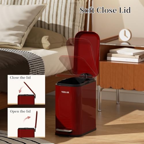 Slim Bathroom Trash Can with Lid, 1.6 Gallon / 6 Liter Stainless Steel Trash Bin, Step Pedal Garbage Cans for Bedroom, Kitchen, Office (Red) - Image 3